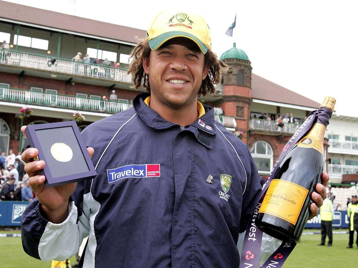 Australia’s Andrew Symonds celebrates winning the Man of The Match award during the NatWest Series sixth match against Bangladesh