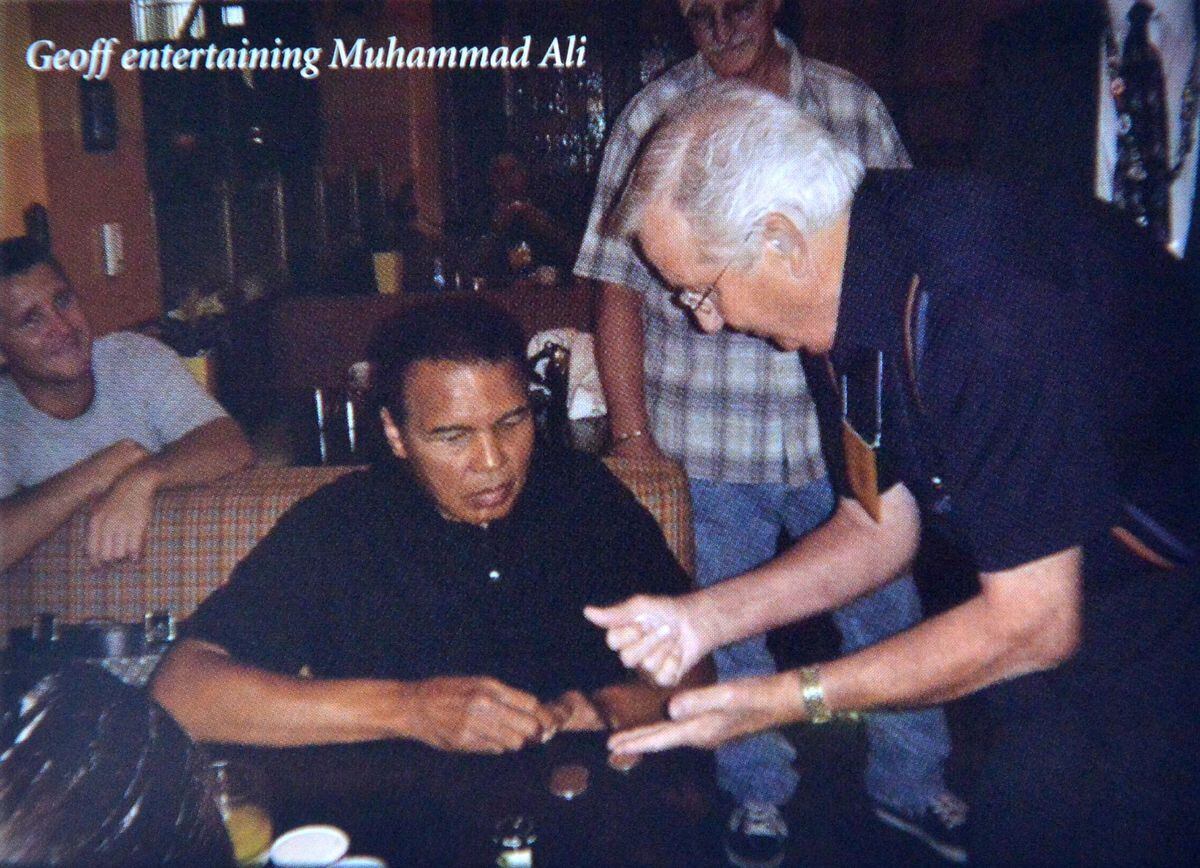 Geoff Rushworth, 90, pictured here entertaining Muhammed Ali in 2005 in Kentucky