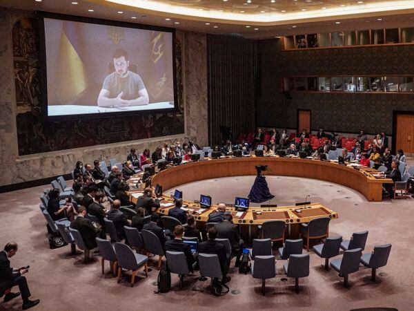 Ukraine President Volodymyr Zelensky addresses the United Nations Security Council by video