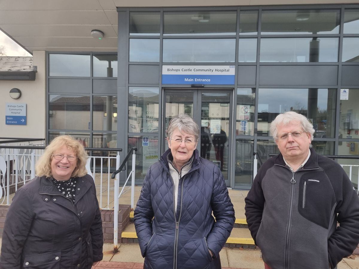 Councillors Ruth Houghton, Heather Kidd and Nigel Hartin outside Bishop's Castle Commuity Hospital