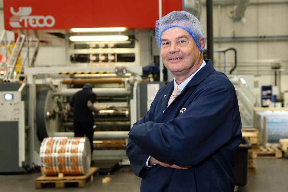 Mike Golding, managing director of TCL Packaging, on the company’s shop floor at its headquarters on the Stafford Park Industrial Estate