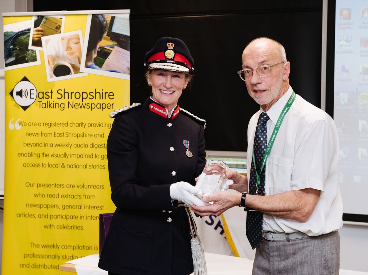 East Shropshire Talking Newspaper was awarded the Queen's Award for Voluntary Service last year. Pictured: Lord Lieutenant of Shropshire, Anna Turner and Chairman Robert Green.
