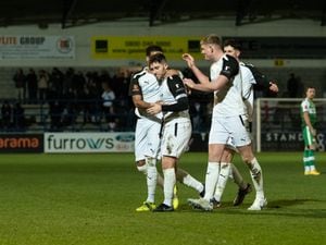 AFC Telford United players celebrate Robbie Evans (12) (AFC Telford United Midfielder) shot from 25 yards that finds the back of the net in the 42nd minute