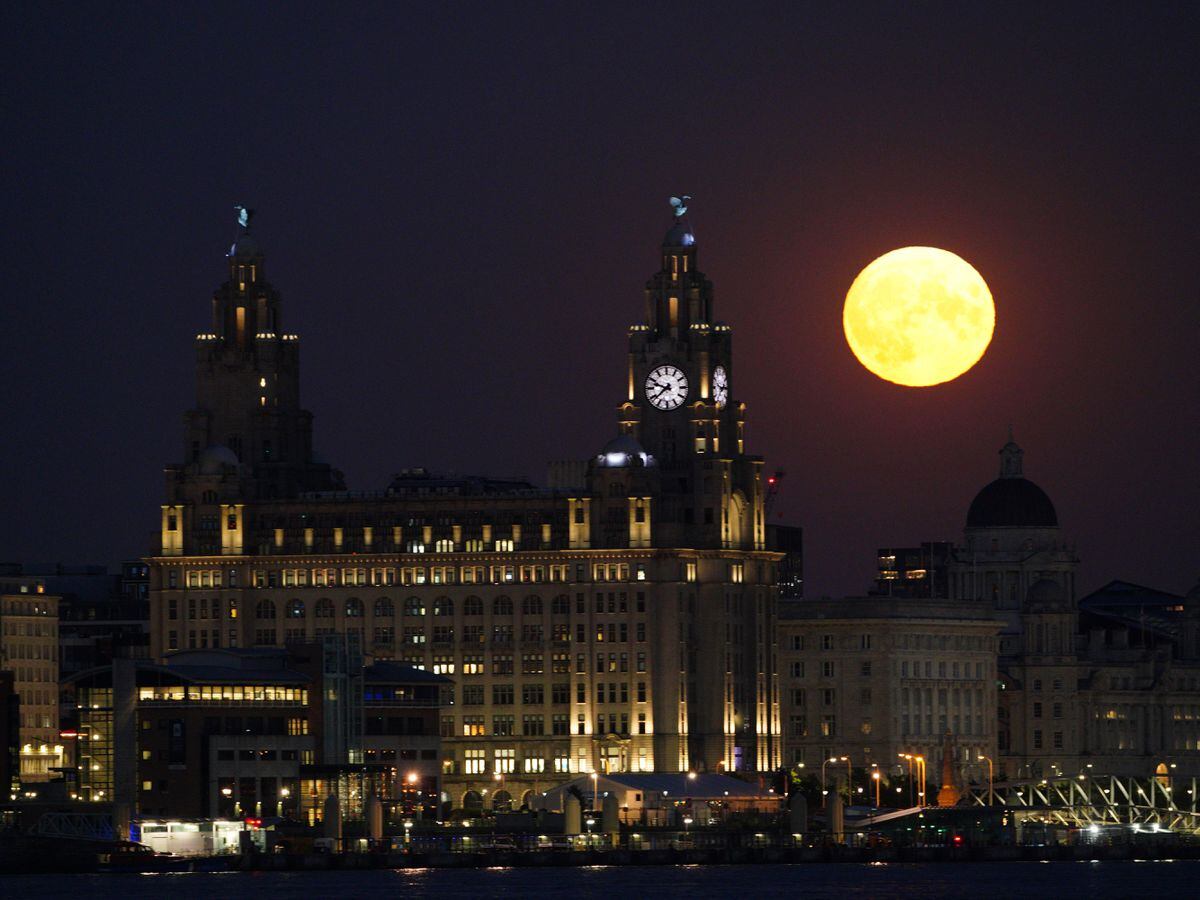 The Sturgeon supermoon, the final supermoon of the year, rises over the Royal Liver Building in Liverpool