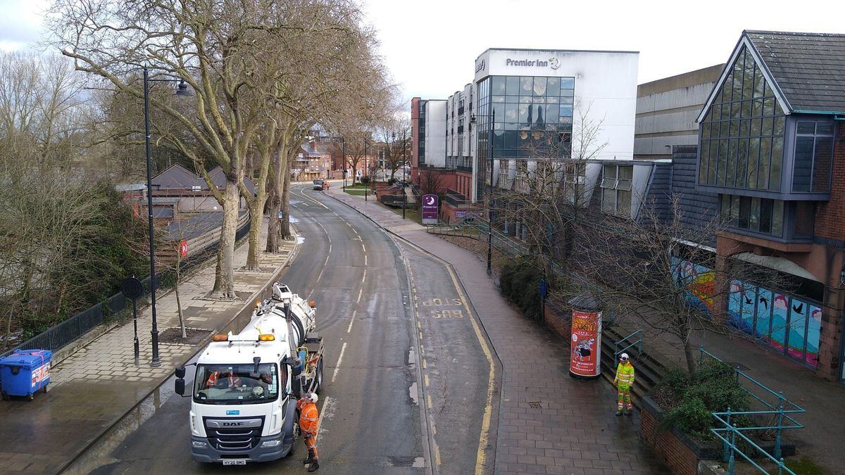 The water has gone from outside the front of Premier Inn. Photo: Shropshire Council