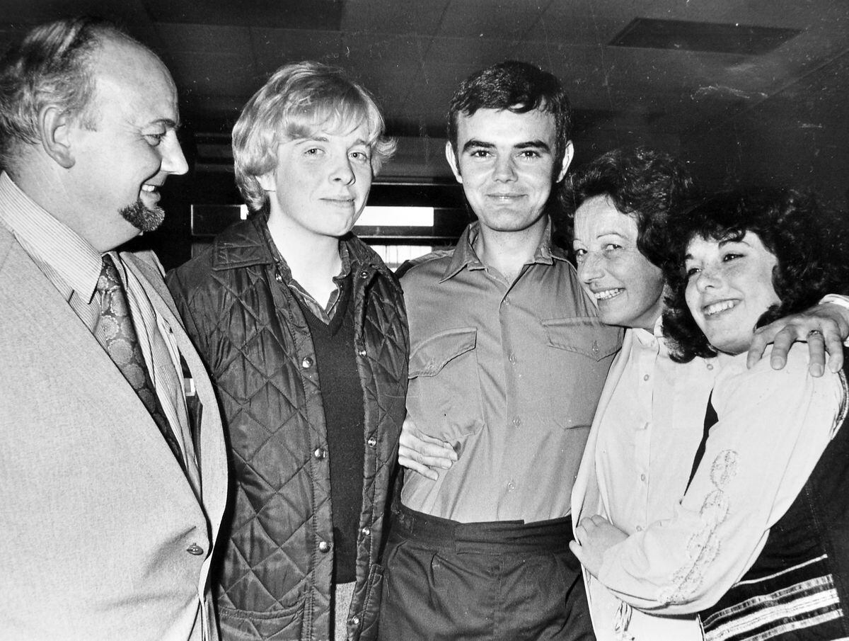 Reunited... Colin at RAF Brize Norton in May 1982 with from left, father Bill, girlfriend Rachel, mother Esme, and sister Ann.