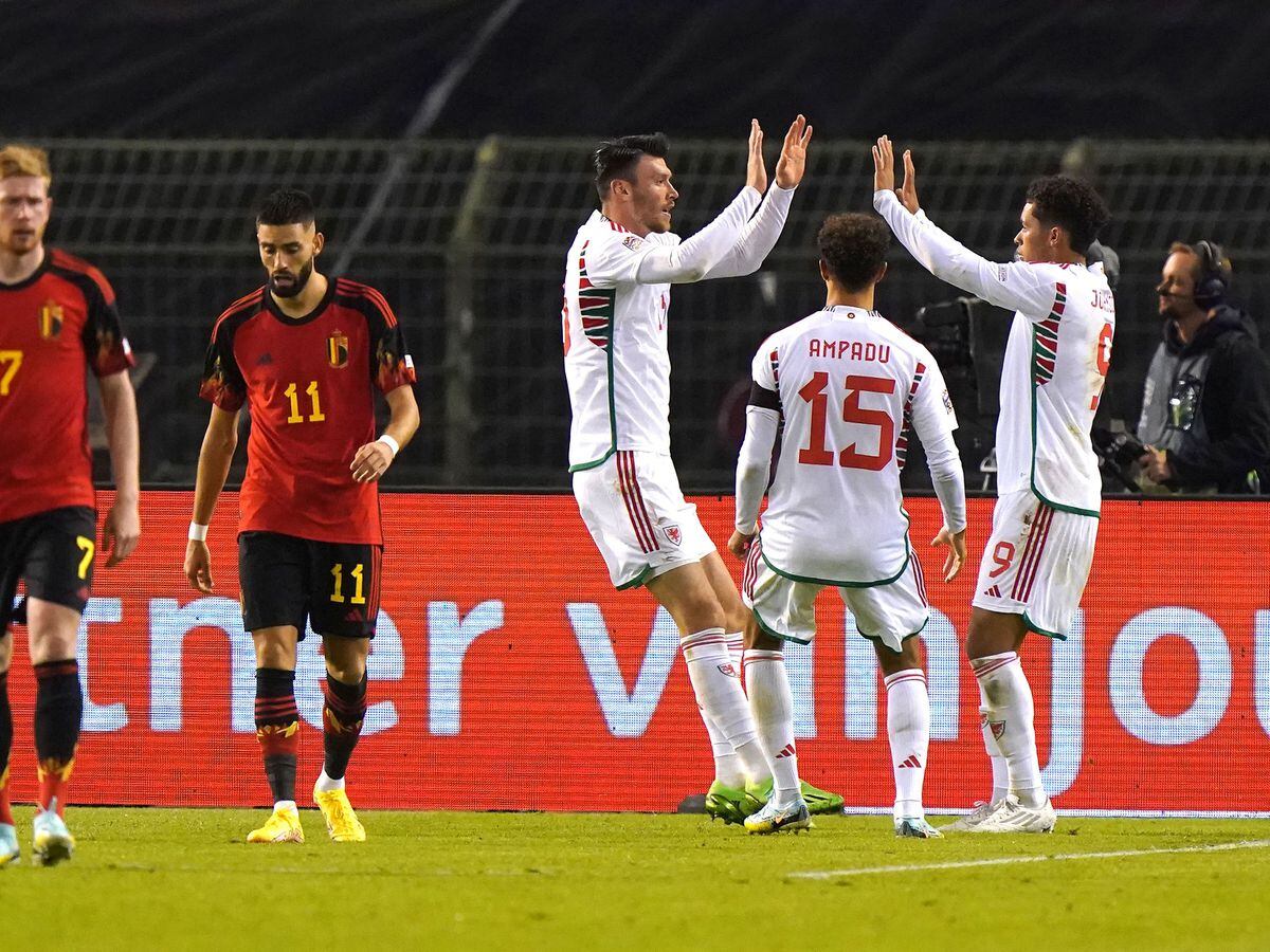 Wales’ Kieffer Moore celebrates scoring in his side's 2-1 Nations League defeat by Belgium