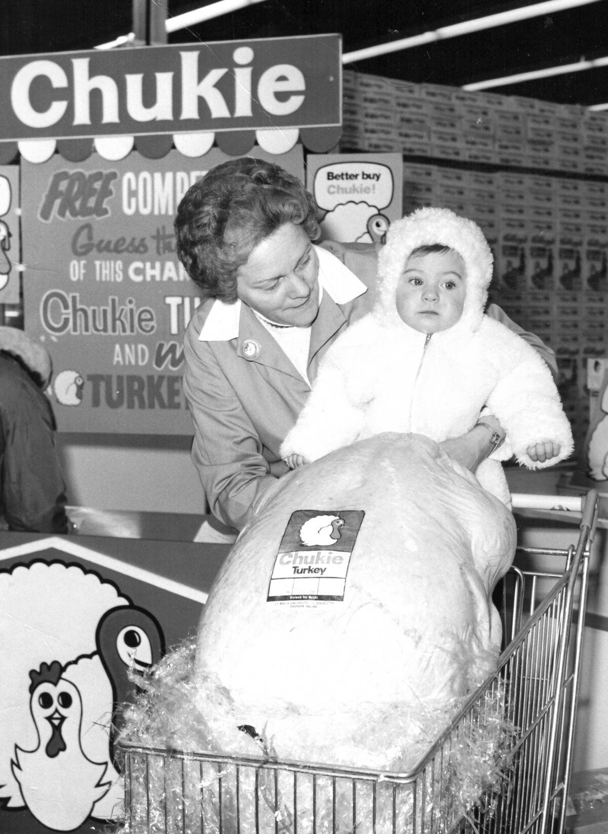 How much do you think this turkey weighed? Get it right and you would have been a winner in this guess the weight of a turkey competition held at the Carrefour hypermarket in Telford in the 1970s. Thank you to Patrick Wood for the loan of this photo. Can anybody name the woman and child? Patrick says: "Chukie Turkeys were produced by J P Wood Ltd, Craven Arms, one of the largest turkey producers in the country at the time, and pioneers of modern turkey production. At one time they held the record for the heaviest turkeys in the world."