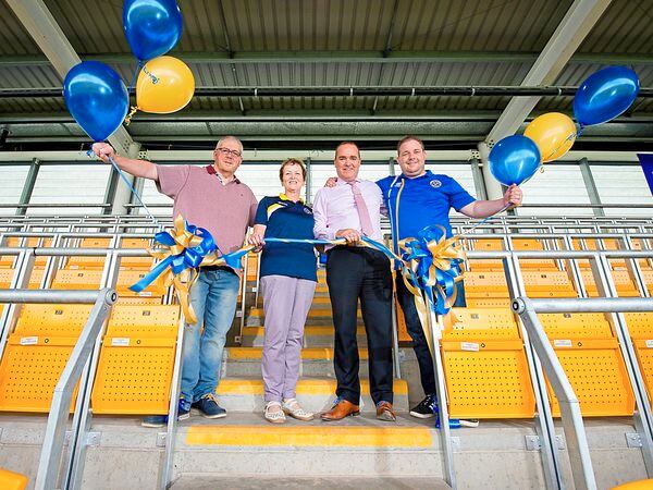 SHREWS COPYRIGHT SHROPSHIRE STAR JAMIE RICKETTS 03/08/2018 - This Saturday is the first game that Shrewsbury Town Football Club STFC will use their new safe standing area. 

In Picture L>R: Roger Groves (Member of Supporters Parliament), Helen Hall (Member of Supporters Parliament), Brian Caldwell (Chief Executive) and Mike Davis (Member of Supporters Parliament)