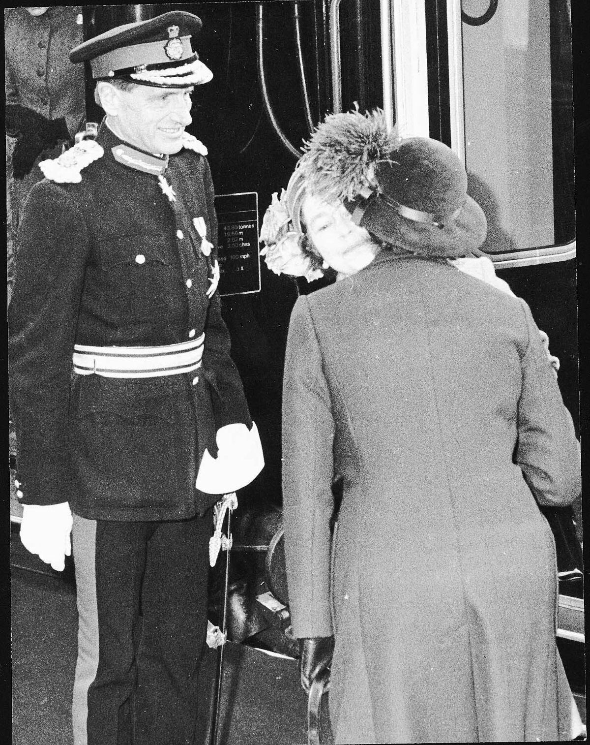 Lady Kathryn Dugdale, a long-time lady in waiting to the Queen, greets Her Majesty as she steps off the train for her visit in 1981 to Telford in 1981