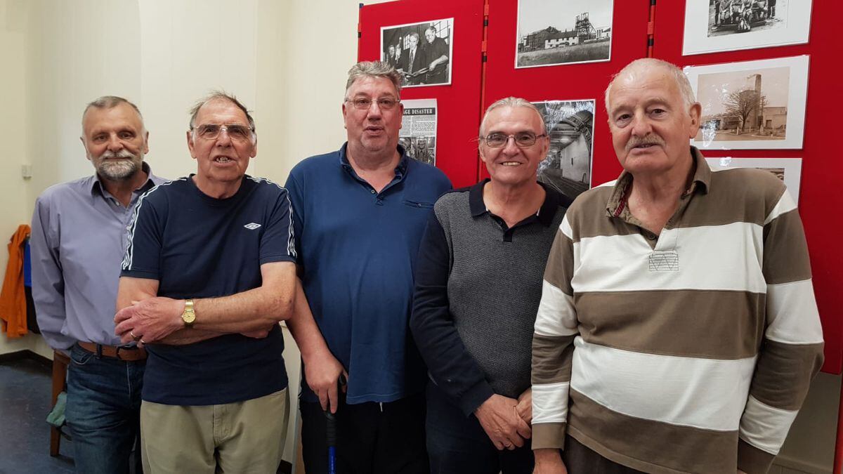 Miners at an event at Anstice Memorial Hall, Madeley, in 2019, with Jim second from left.