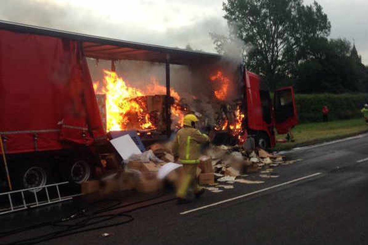 Blazing lorry closes the A41 in Shropshire