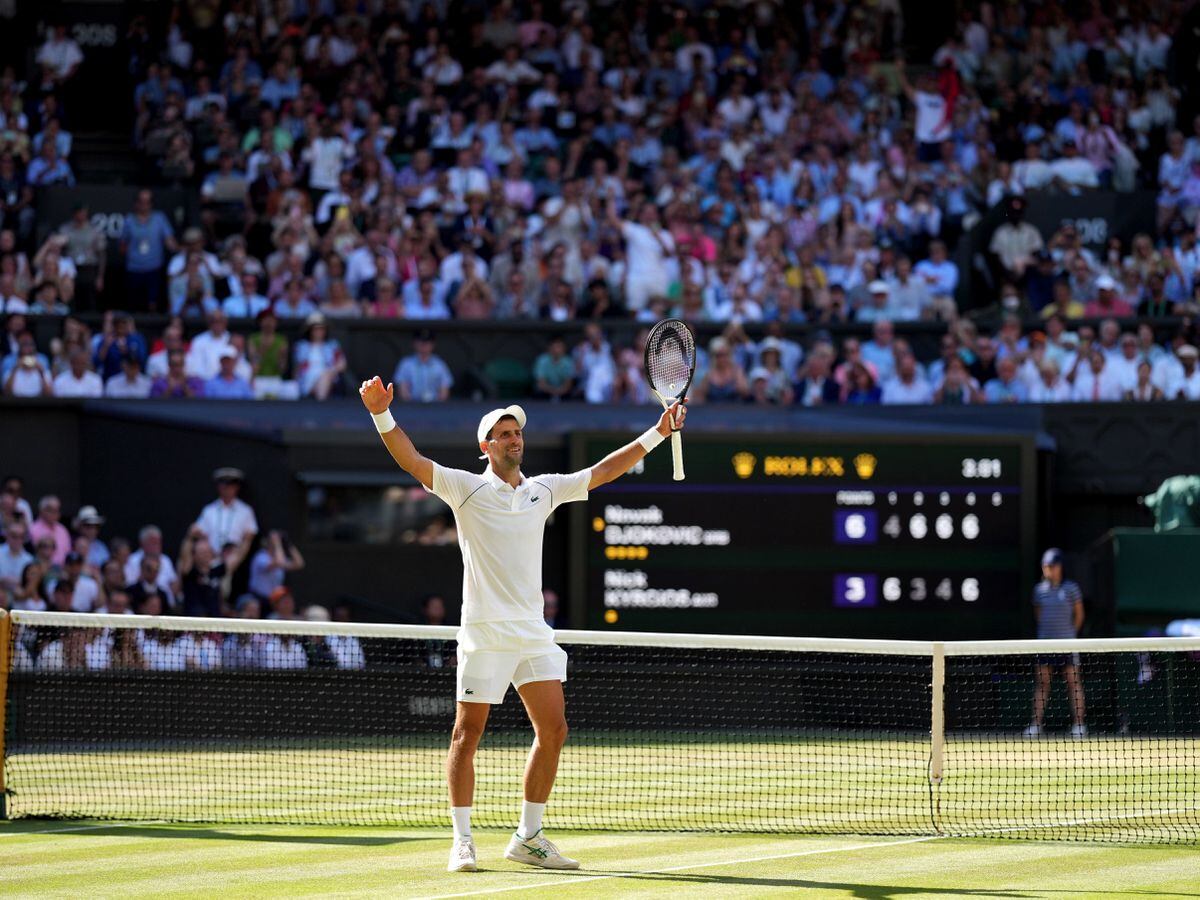 Novak Djokovic celebrates victory over Nick Kyrgios in the Wimbledon final