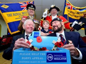  Market Drayton Royal British Legion at the launch of the Poppy Appeal in 2019. Jim Moore (Poppy Appeal Organiser) and Paralympian Mikey Hall, back: Ian Nellins, Peter Amphlett 9 and Town Crier Geoffrey Russell