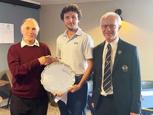 Shropshire & Herefordshire Handicap Open Championship 2023. Past President Doug Parry, winner Ryan Gregory, President Charles Sievewright