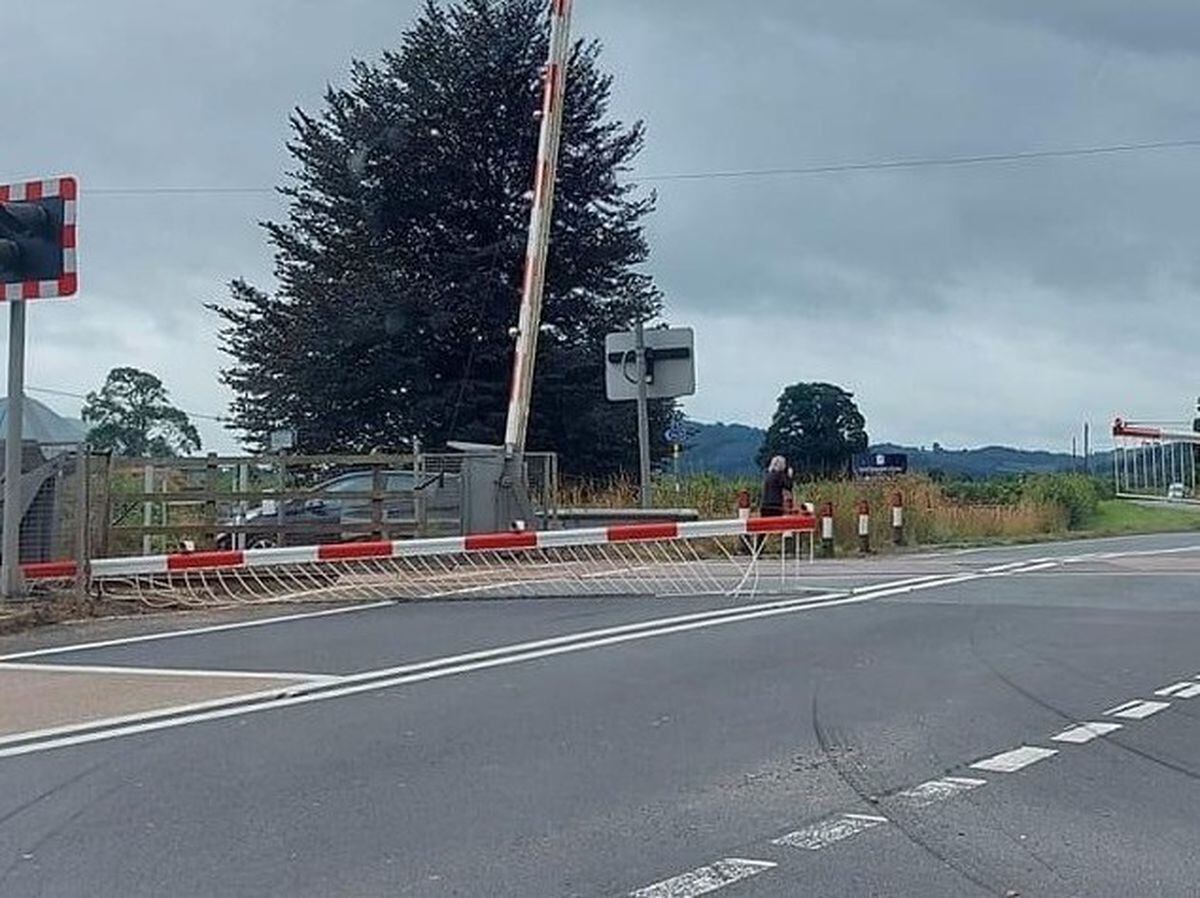 The damaged barrier at Caersws level crossing. Photo: Traffic North Wales