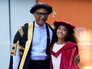 Leigh-Anne Pinnock (right) poses for a photograph with Chancellor of Buckinghamshire New University Jay Blades ahead of receiving an honorary doctorate from the university in High Wycombe. The Little Mix singer is being given the honorary doctorate in recognition of her music career and active campaigning for racial equality. Photo: Andrew Matthews/PA Wire
