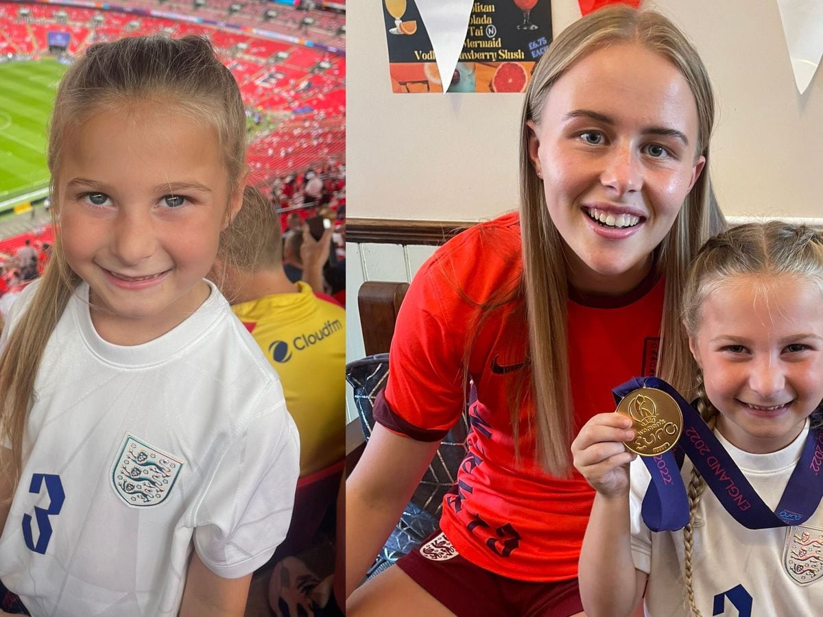 Harper Mills at Wembley Stadium for the Euros final (left) and Harper with one of her hero's Hannah Hampton