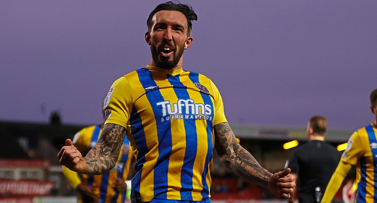 Ryan Bowman celebrates the openinggoal of Shrewsbury Town’s 3-0 victor at Fleetwood Town on Boxing Day 2021