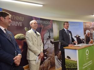 From left, RWAS Honorary Show Director Richard Price, Chief Executive Aled Rhys Jones, Chair of Board Professor Wynne Jones, Minister for Rural Affairs Lesley Griffiths MS. at the launch of the vision for horticulture launch.  