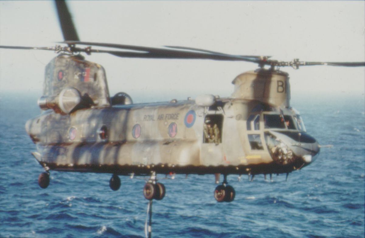 Boeing Chinook ZA718 Bravo November in the Falklands, 1982. Picture: RAF Museum Collection 