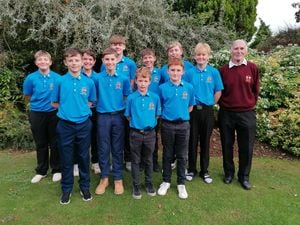 The Shropshire & Herefordshire Under-14s team that faced Worcestershire at Bromsgrove Golf Club. Back row, from left: Harry Slater, Jack Dirkin, Alfie Daniels, Ben Steventon, Harry Bryce, Ross Coleman, Doug Parry (president). Front: Brodie Miler, Hugo Roberts, George Smith, Harry Smith