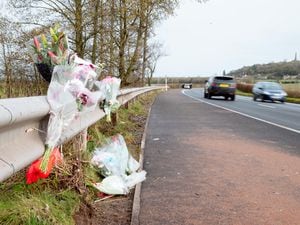 Floral tributes at the scene of the crash between Newport and Donnington