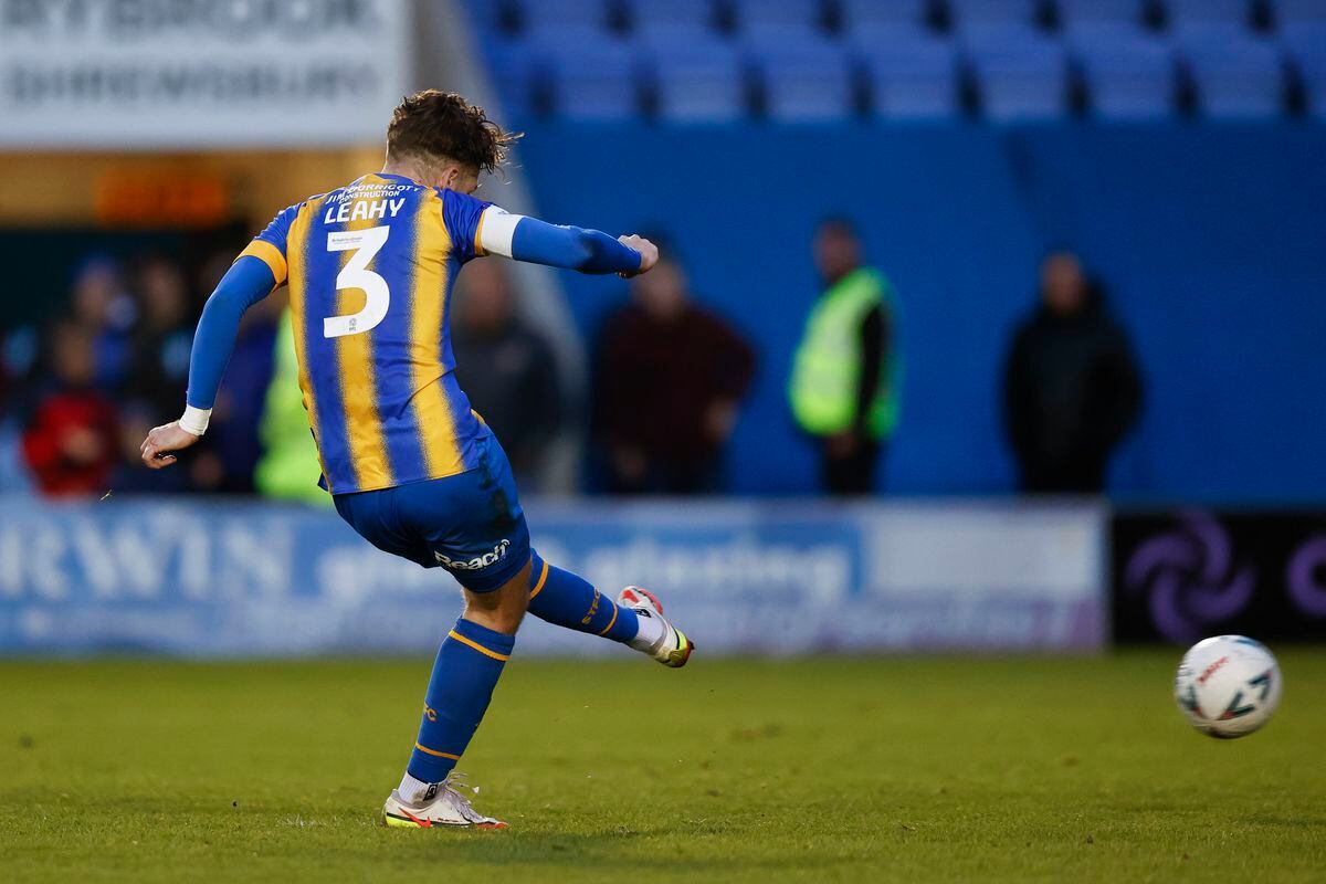 Luke Leahy of Shrewsbury Town scores a goal to make it 3-1 from the penalty spot (AMA)