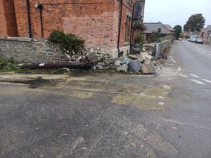 The demolished wall in Chirbury after the crash on Friday night. Photo: Councillor Heather Kidd