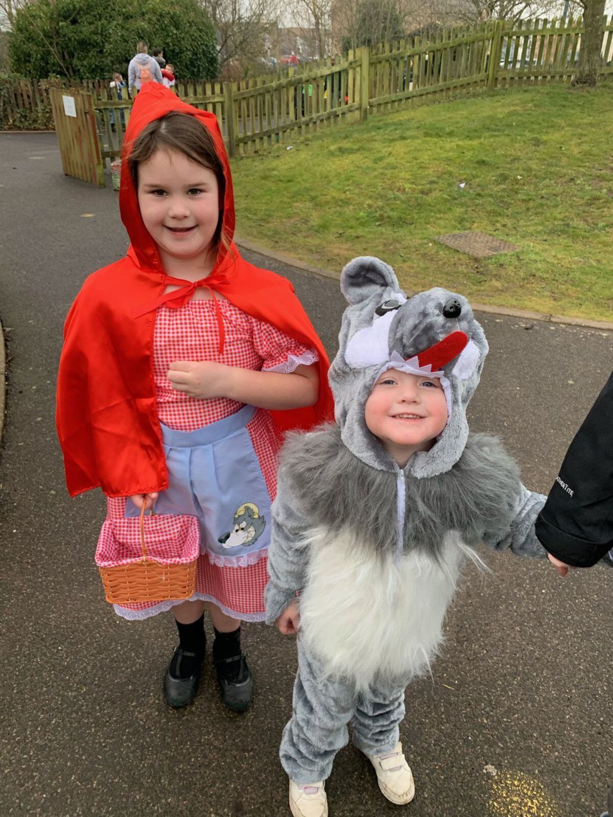Wren, 4, Bronwyn 6, as Little Red Riding Hood and The Big Bad Wolf 