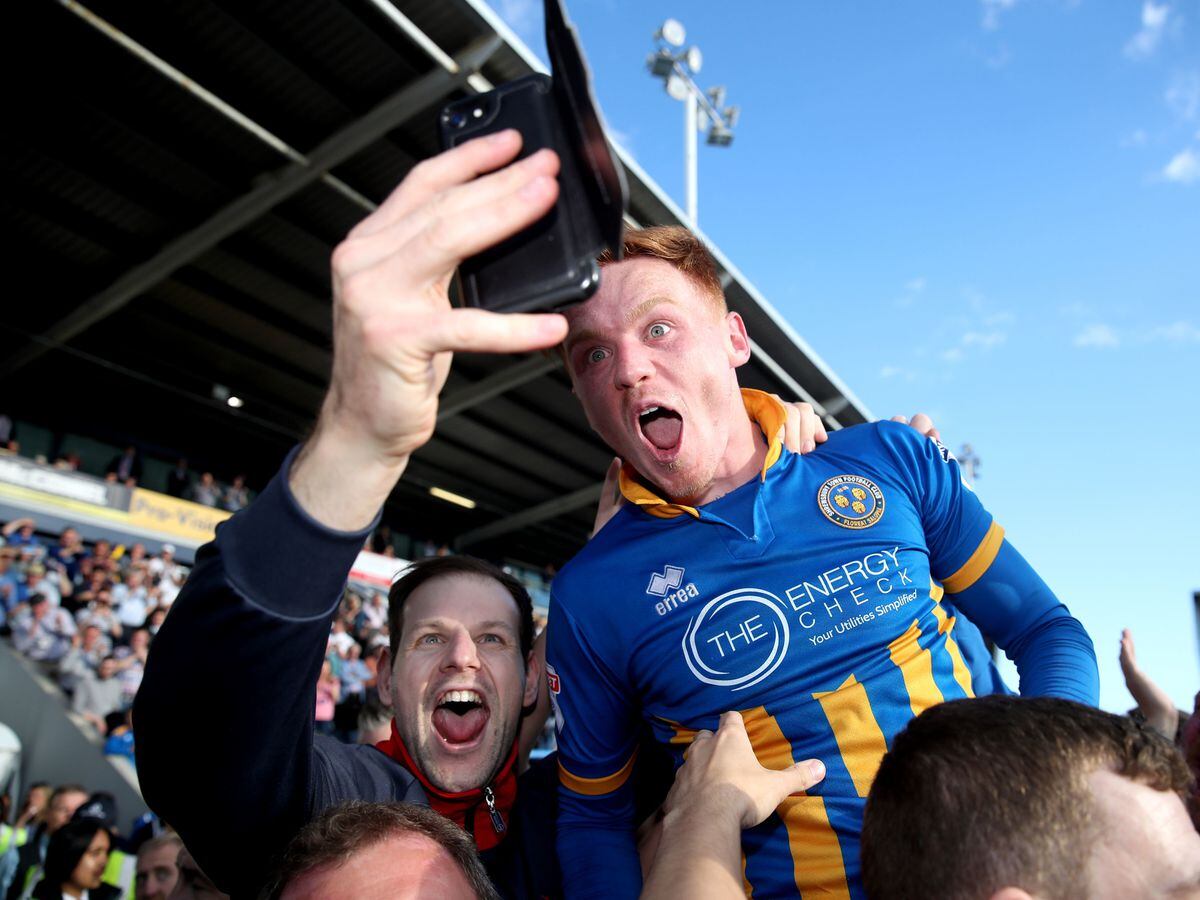 Shrewsbury Town's Jon Nolan celebrates at end of the Sky Bet League One play-off second leg match at Montgomery Waters Meadow