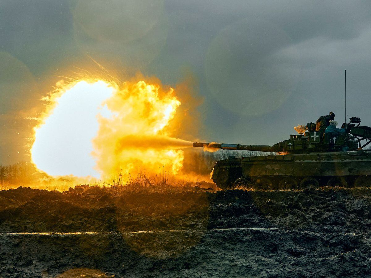 A captured Russian tank opens fire