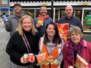 Nick Brooke of All Saints Church, Lesley Stephenson and Russell Garner of Wrekin Community Fridge and LCT Food Hubs, Kay Corbett of the Save It Discount Store, David Ford of Cash Providers and Tina Price of the Wellington Methodist Church.