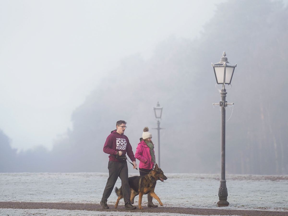A man and woman walking their dog in Norfolk