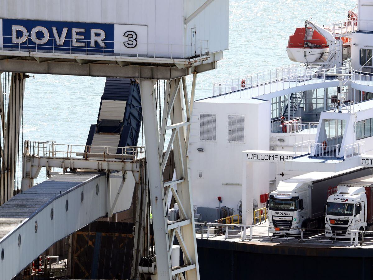 Lorries arrive by ferry at the Port of Dover in Kent