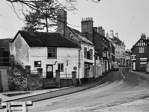 The junction connecting the top of Phoenix Bank and the bottom of the High Street in 1978. The building at the far right is the Stag's Head Inn