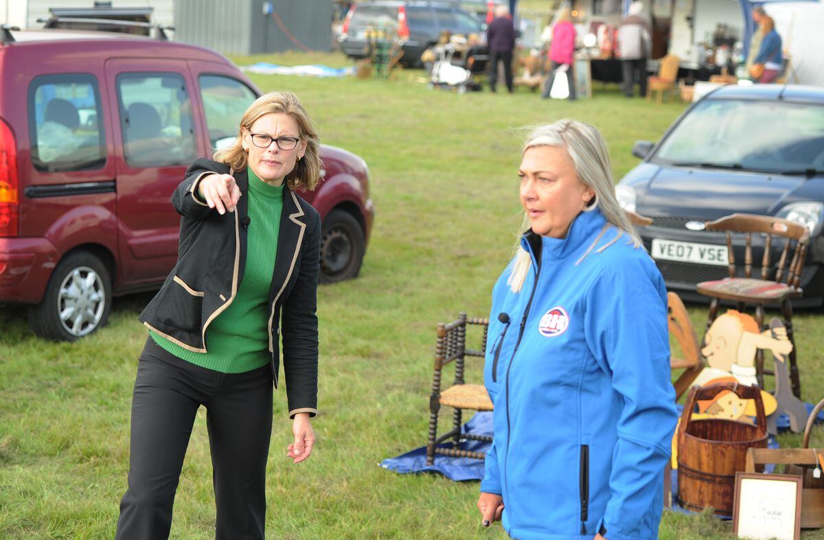 Bargain Hunt being filmed at Oswestry Showground: The blue team with expert Kate Bliss