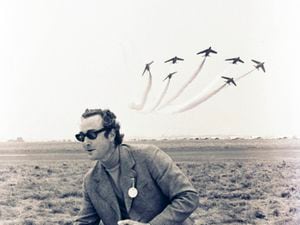 The Red Arrows do a display above Prince William of Gloucester, a member of the British Royal family before he crashed his plane a Piper Cherokee on August 28th 1972 at Wolverhampton Airport at Halfpenny Green, near Stourbridge, West Midlands, UK, The Prince and his co-pilot Vyrell Mitchell were both killed.  Pic. Ray Bradbury.