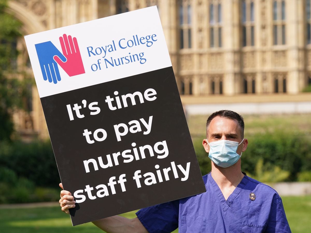 A Nurse with a placard outside the Royal College of Nursing (RCN) in Victoria Tower Gardens, London