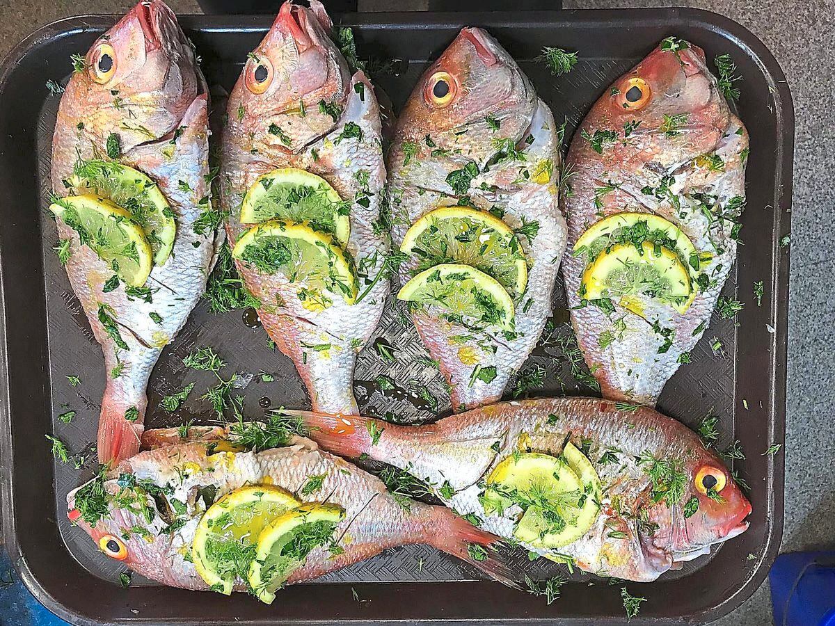 Something fishy – Red Snapper, stuffed with lemon, herbs and orangePictures by Russell Davies