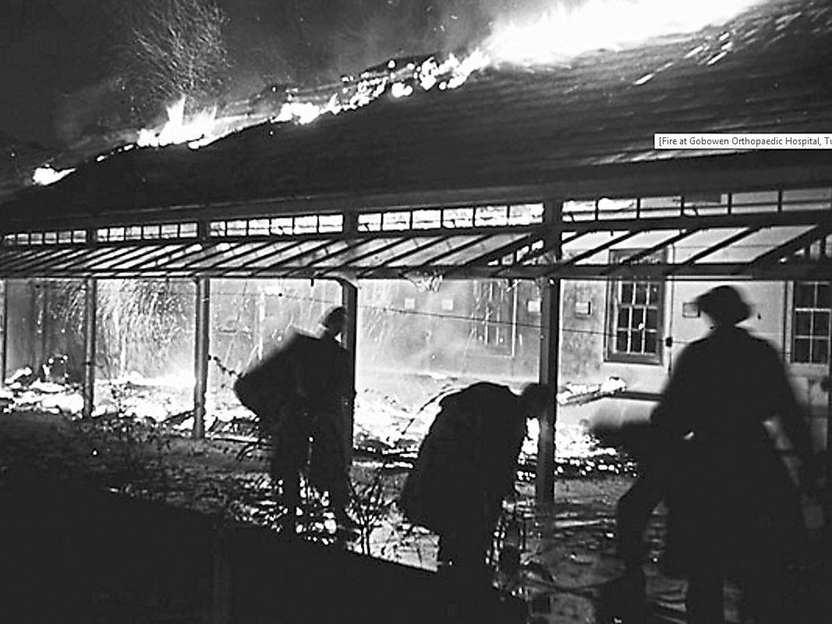Crews battle to extinguish the flames that gutted Shropshire Orthopaedic Hospital in January 1948