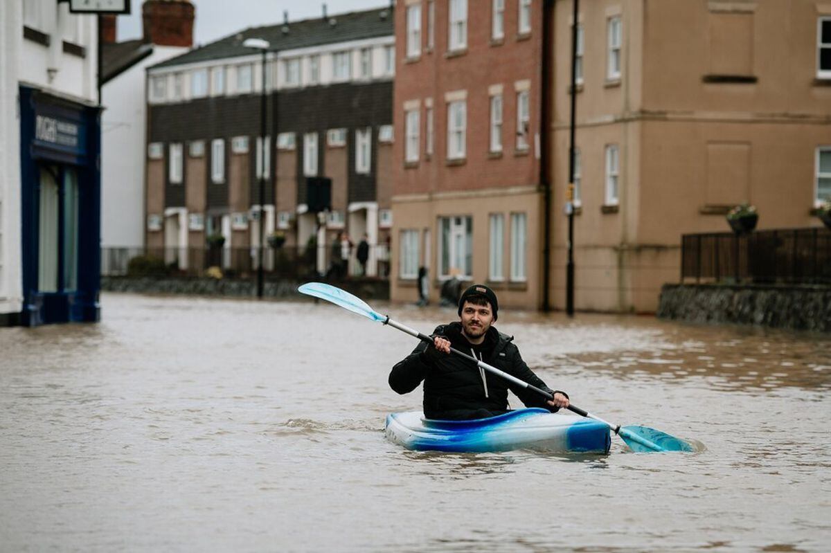 A canoeist took to the water in flooded Coleham, Shrewsbury