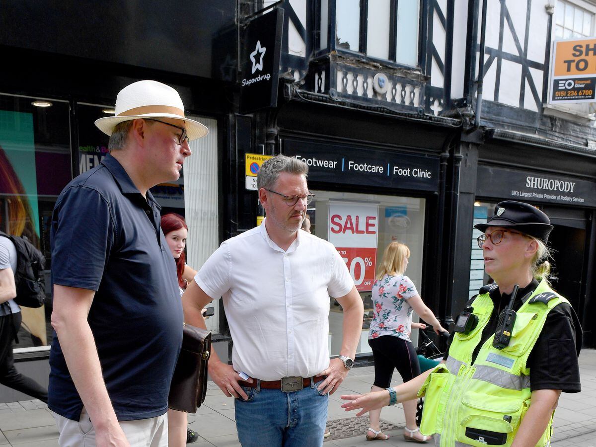 Daniel Kawczynski MP and West Mercia Police and Police and Crime Commissioner John Campion make their way down Pride Hill, Shrewsbury earlier this month