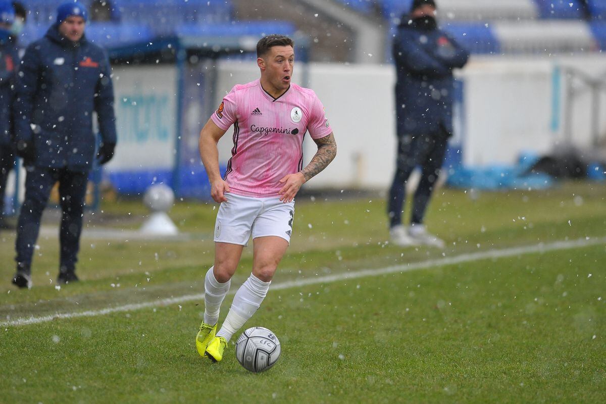 Lee Vaughan in action for AFC Telford at Chester in the new year. Picture credit: Mike Sheridan/Ultrapress.