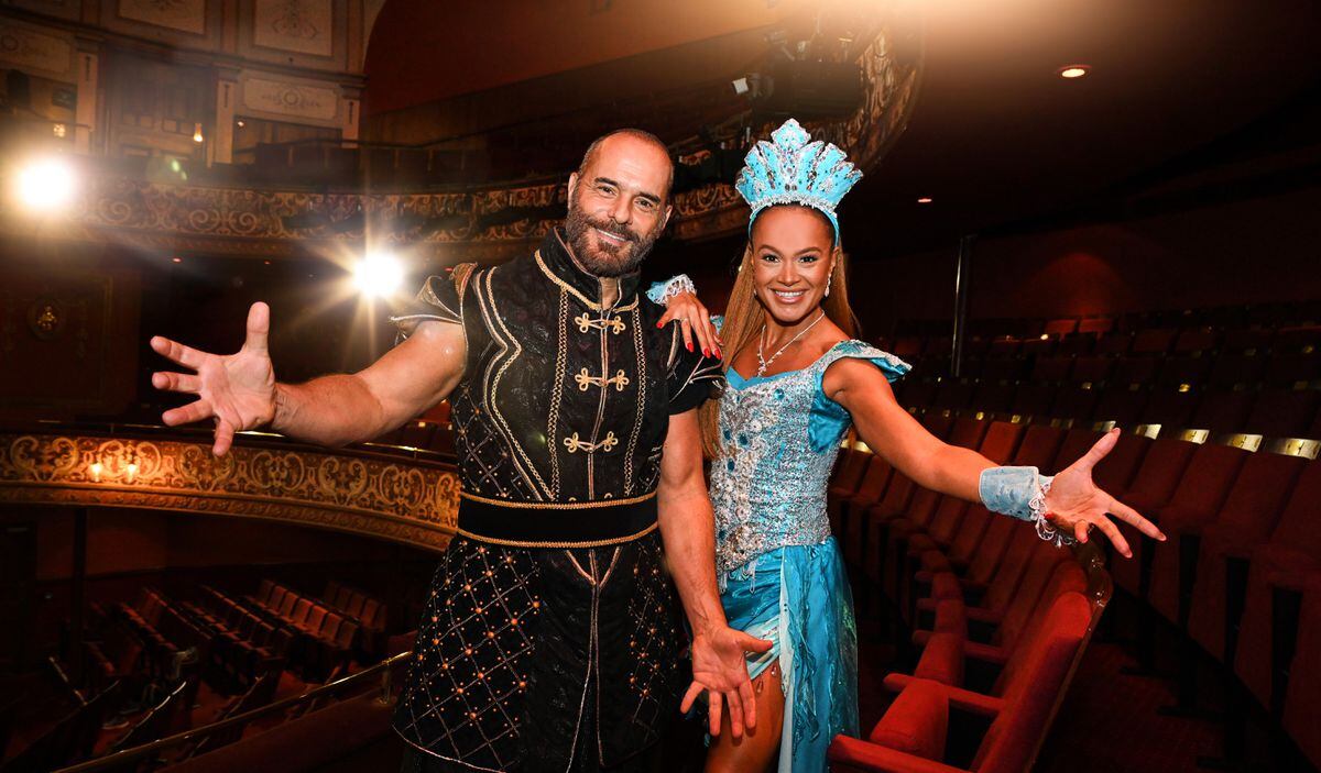 Michael Greco (Abanazar) and Zoe Birkett (Spirit of the Ring) at Wolverhampton Grand Theatre. Photo: Alex Styles