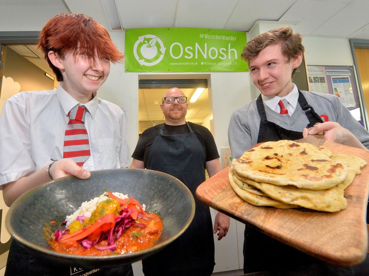  Ben Wilson, of Osnosh, with pupils from The Marches School, making a chicken and chickpea madras and nan bread, Isaac Clayton, 15, and Josh Bellingham, 14.