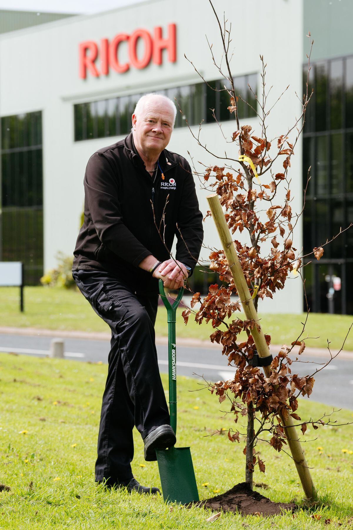 Assistant Operations Manager at Ricoh in Telford, Andy Wilbraham, planting a tree as part of the Queen's Green Canopy scheme.