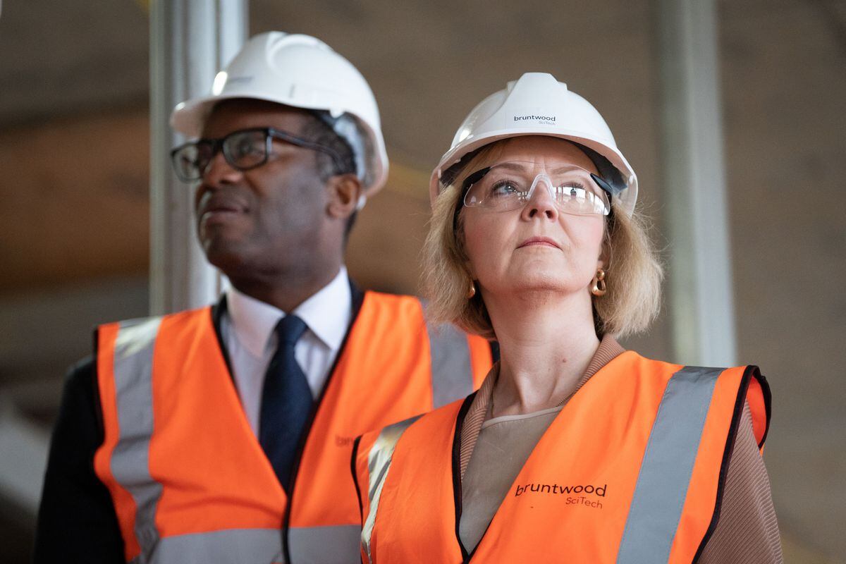 Liz Truss and Chancellor Kwasi Kwarteng during a visit to a construction site for a medical innovation campus in Birmingham
