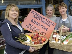 Chairman of Kington Chamber of Trade, Emma Hancocks with festival organiser Pam Peaks and local business owner Helen Yeomans, promoting the Kington Summer Food and Drink Festival.