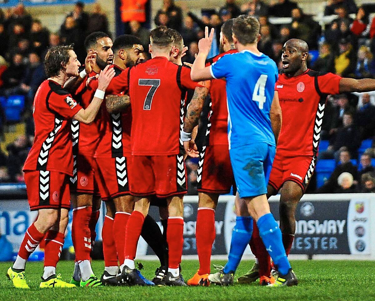 Disallowed goal - Telford players remonstrate with the referee after a disallowed equaliser.